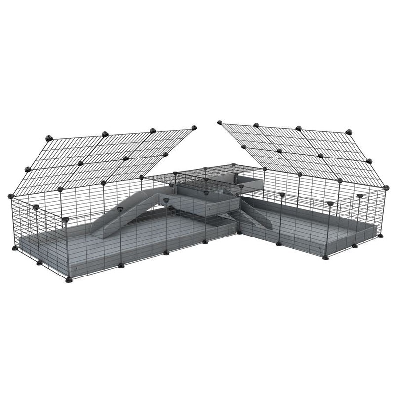 A 8x2 L-shape C&C cage with lid divider loft ramp for guinea pig fighting or quarantine with gray coroplast from brand kavee