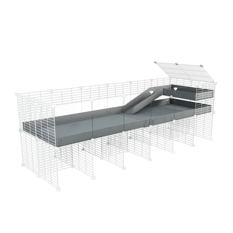 a 6x2 CC guinea pig cage with clear transparent plexiglass acrylic panels  with stand loft ramp small mesh white C and C grids gray corroplast by brand kavee