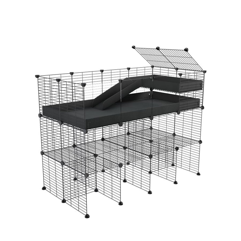 A 4x2 kavee black C and C guinea pig cage with clear transparent plexiglass acrylic panels  with three levels a loft a ramp made of small size hole safe grids