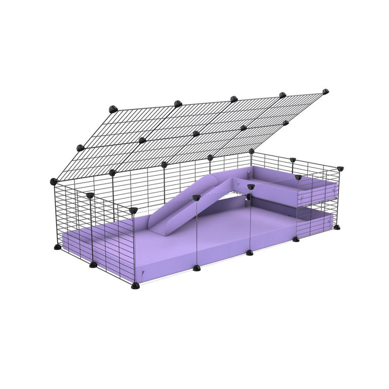 a 2x4 C and C guinea pig cage with clear transparent plexiglass acrylic panels  with loft ramp lid small hole size grids purple lilac pastel coroplast kavee