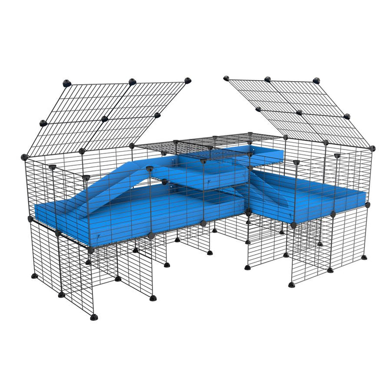 A 6x2 L-shape C&C cage with lid divider stand loft ramp for guinea pig fighting or quarantine with blue coroplast from brand kavee