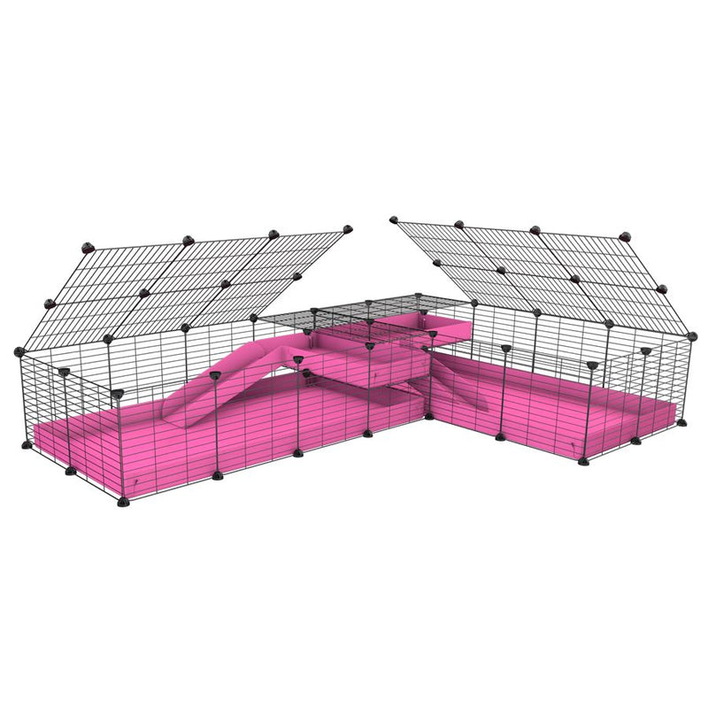 A 8x2 L-shape C&C cage with lid divider loft ramp for guinea pig fighting or quarantine with pink coroplast from brand kavee