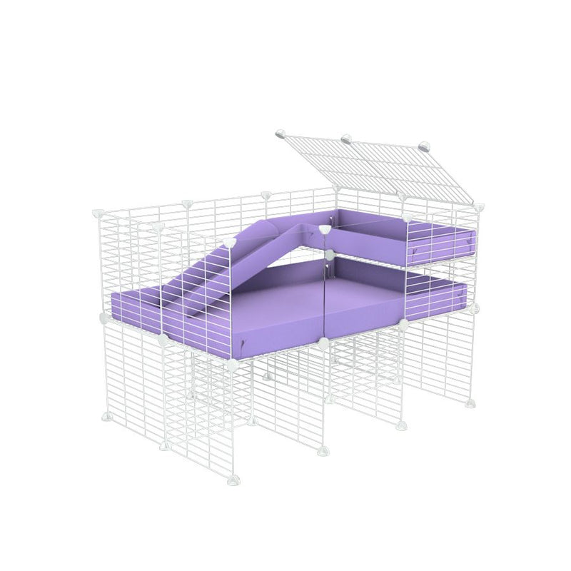 a 3x2 CC guinea pig cage with clear transparent plexiglass acrylic panels  with stand loft ramp small mesh white grids purple lilac pastel corroplast by brand kavee