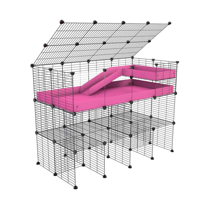 A 2x4 kavee pink C and C guinea pig cage with clear transparent plexiglass acrylic panels  with three levels a loft a ramp a lid made of small size meshing safe grids