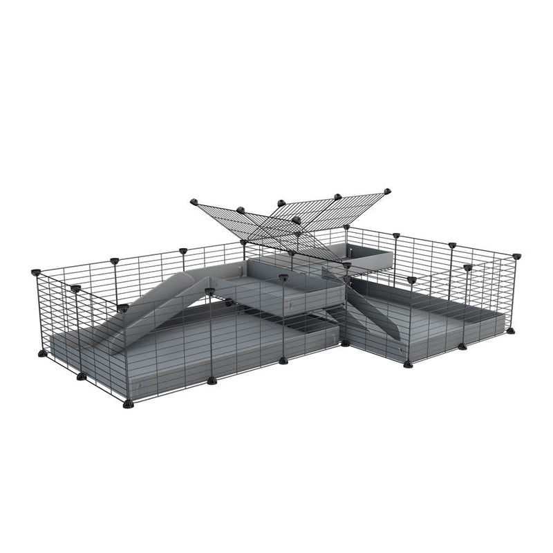 A 6x2 L-shape C&C cage with divider and loft ramp for guinea pig fighting or quarantine with gray coroplast from brand kavee