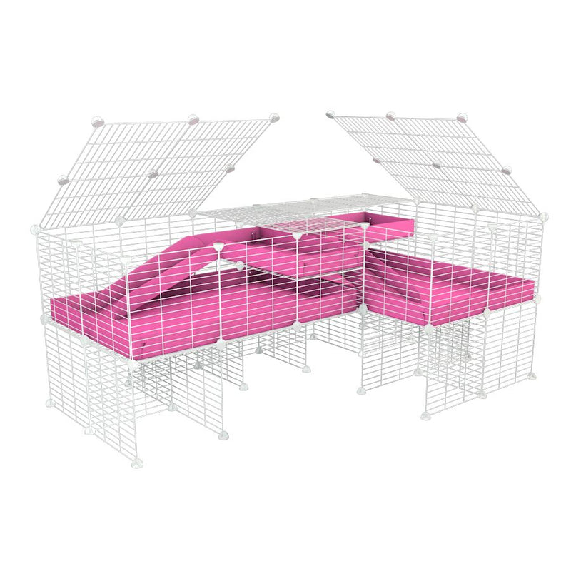 A 6x2 L-shape white C&C cage with lid divider stand loft ramp for guinea pig fighting or quarantine with pink coroplast from brand kavee
