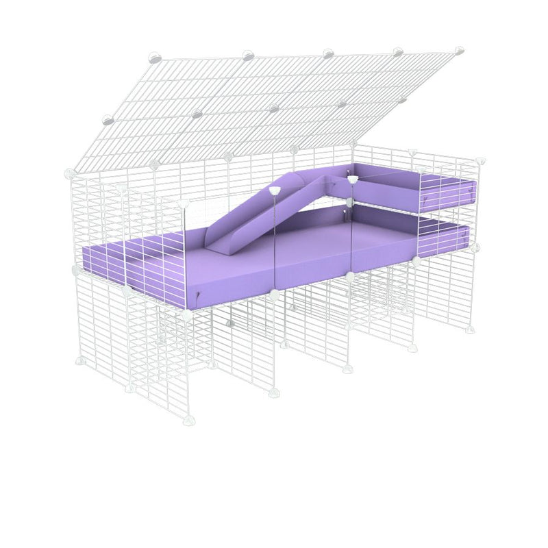A 2x4 C and C guinea pig cage with clear transparent plexiglass acrylic panels  with stand loft ramp lid small size meshing safe white CC grids purple lilac pastel correx sold in USA