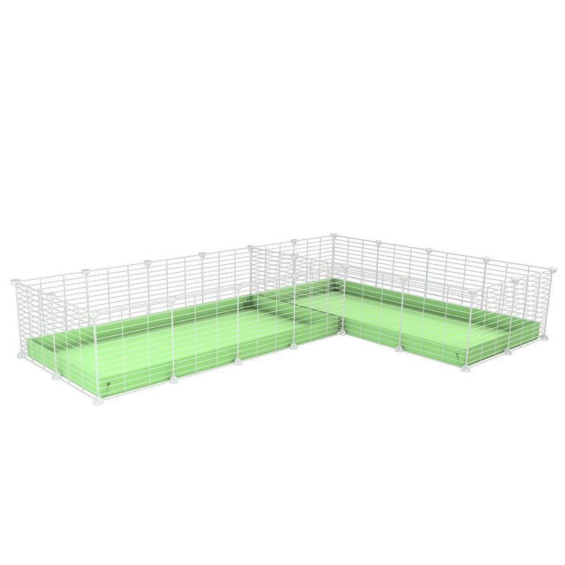 A 8x2 L-shape white C&C cage with divider for guinea pig fighting or quarantine with green coroplast from brand kavee
