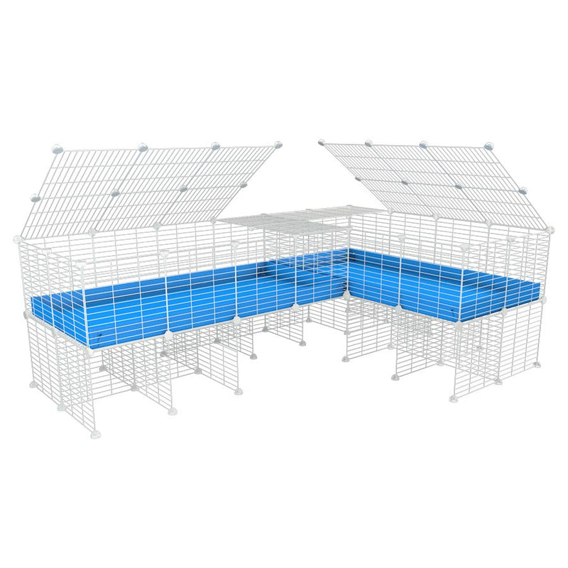 A 8x2 L-shape white C&C cage with lid divider stand for guinea pig fighting or quarantine with blue coroplast from brand kavee