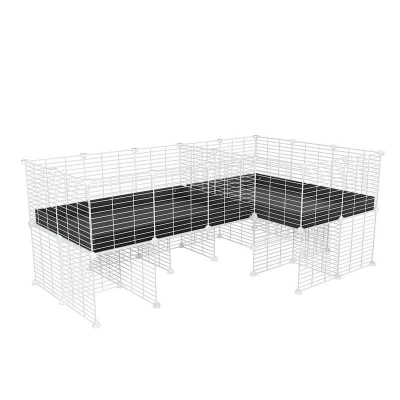 A 6x2 L-shape white C&C cage with divider and stand for guinea pig fighting or quarantine with black coroplast from brand kavee
