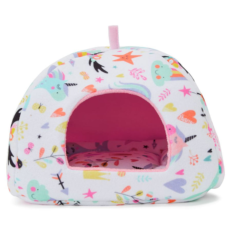 front view of a guinea pig hidey house made of pink unicorn fleece by kavee