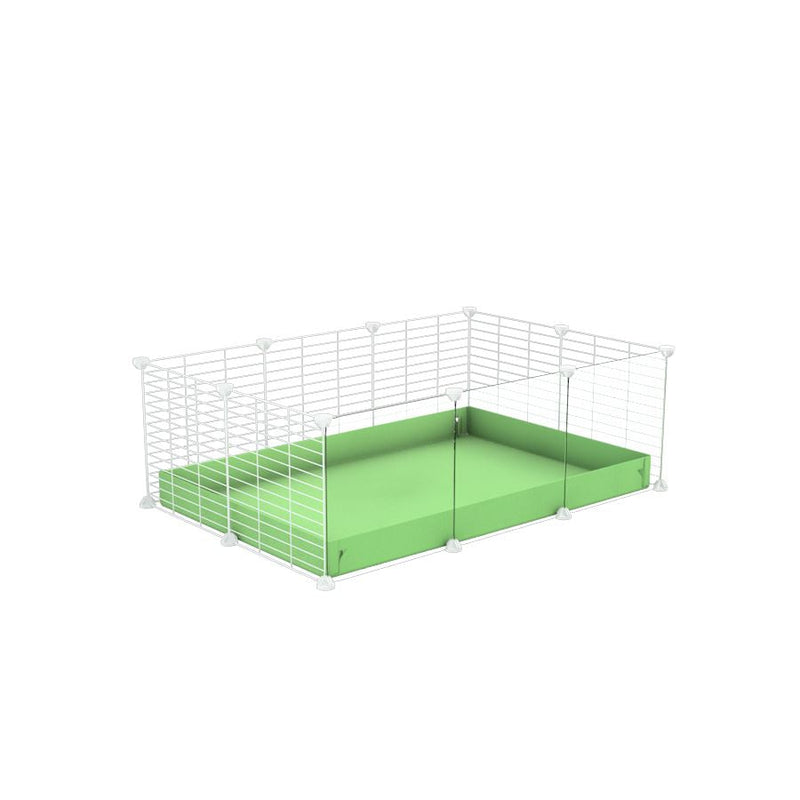 A cheap 3x2 C&C cage with clear transparent perspex acrylic windows  for guinea pig with green pastel pistachio coroplast and baby proof white grids from brand kavee