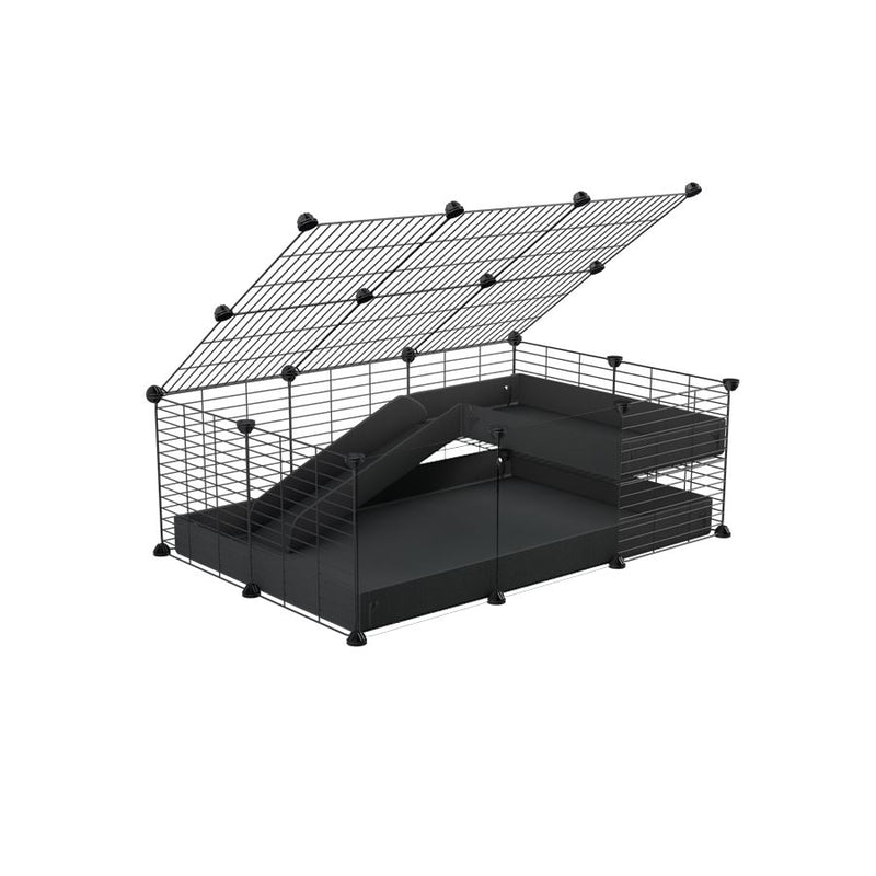 a 2x3 C and C guinea pig cage with clear transparent plexiglass acrylic panels  with loft ramp lid small hole size grids black coroplast kavee
