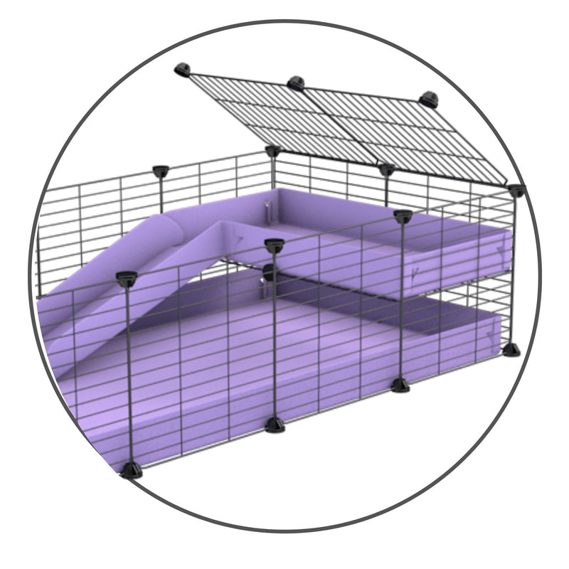 A kit to add a ramp to a C and C cage with a purple coroplast ramp and 1x2 loft and small mesh size safe CC grids