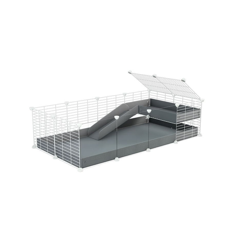 a 4x2 C&C guinea pig cage with clear transparent plexiglass acrylic panels  with a loft and a ramp gray coroplast sheet and baby bars white C and C grids by kavee