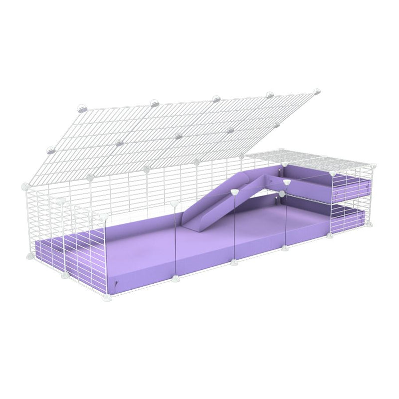 a 2x5 C and C guinea pig cage with clear transparent plexiglass acrylic panels  with loft ramp lid small hole size white grids purple lilac pastel coroplast kavee