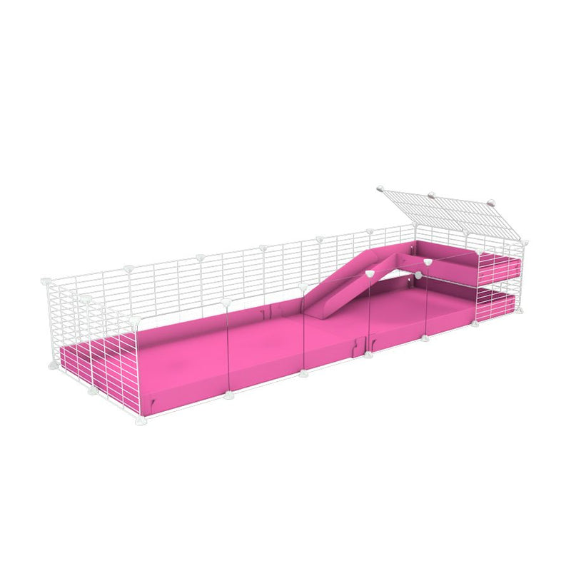 a 6x2 C&C guinea pig cage with clear transparent plexiglass acrylic panels  with a loft and a ramp pink coroplast sheet and baby bars white grids by kavee