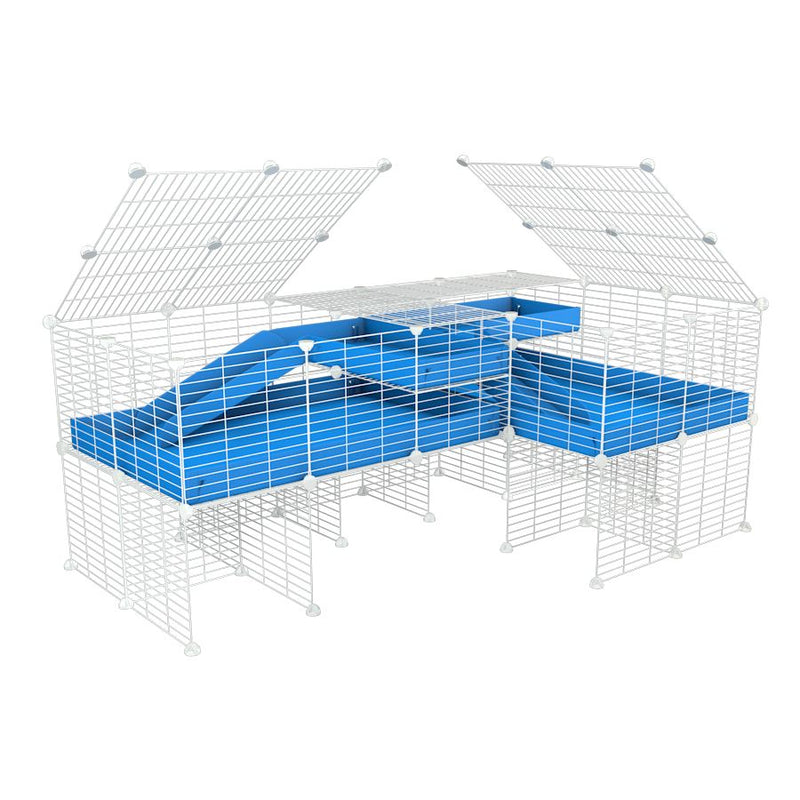 A 6x2 L-shape white C&C cage with lid divider stand loft ramp for guinea pig fighting or quarantine with blue coroplast from brand kavee