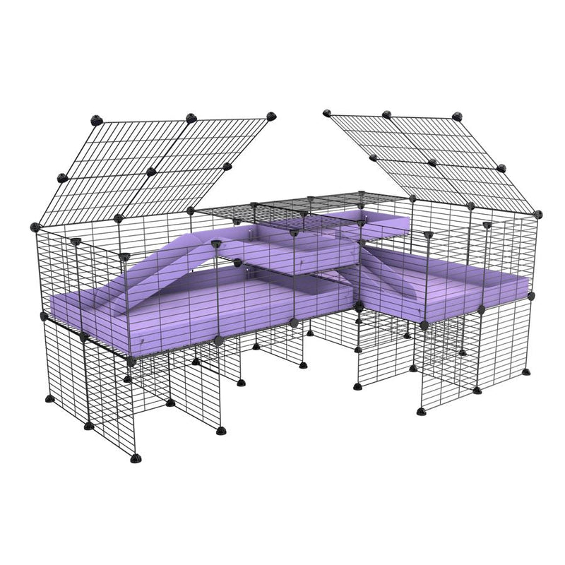 A 6x2 L-shape C&C cage with lid divider stand loft ramp for guinea pig fighting or quarantine with lilac coroplast from brand kavee