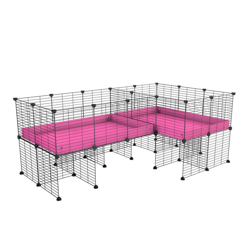 A 6x2 L-shape C&C cage with divider and stand for guinea pig fighting or quarantine with pink coroplast from brand kavee