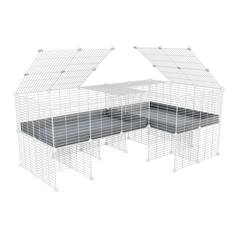 A 6x2 L-shape white C&C cage with lid divider stand for guinea pig fighting or quarantine with gray coroplast from brand kavee