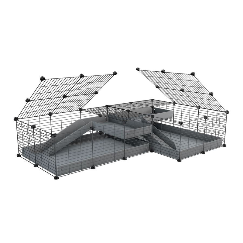 A 6x2 L-shape C&C cage with lid divider loft ramp for guinea pig fighting or quarantine with gray coroplast from brand kavee