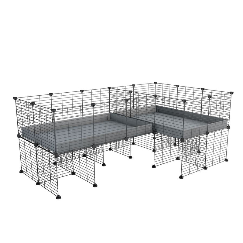 A 6x2 L-shape C&C cage with divider and stand for guinea pig fighting or quarantine with gray coroplast from brand kavee