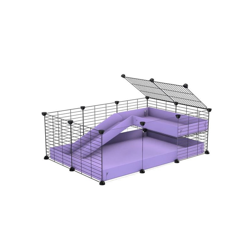 a 3x2 C&C guinea pig cage with clear transparent plexiglass acrylic panels  with a loft and a ramp purple lilac pastel coroplast sheet and baby bars by kavee
