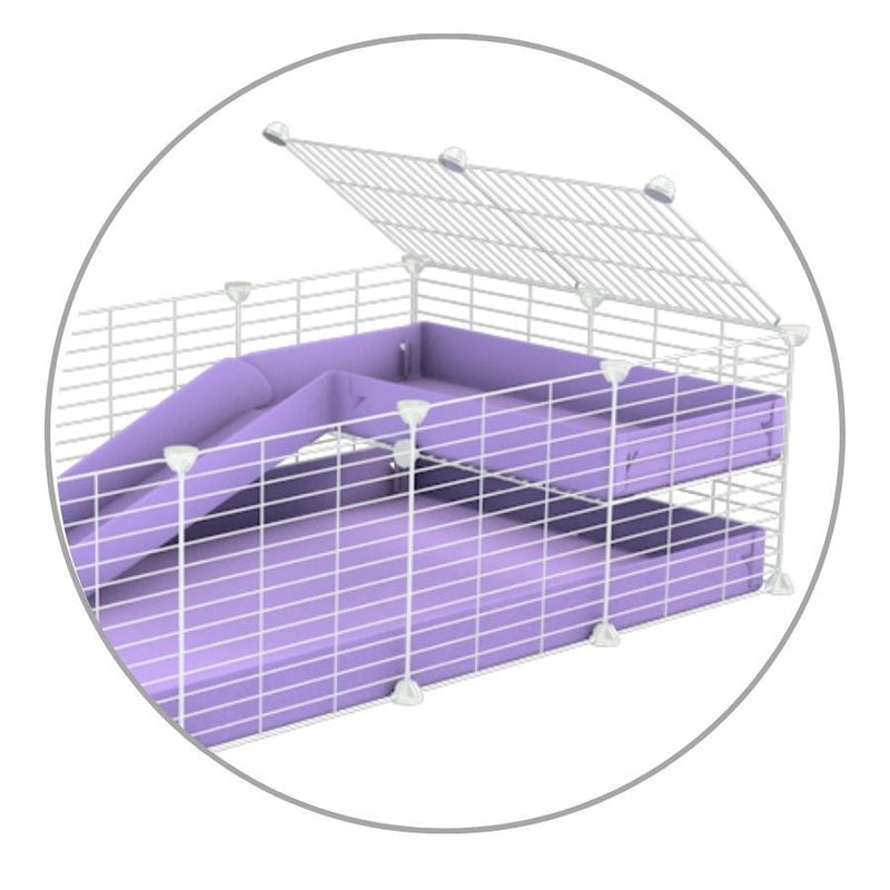 A kit to add a ramp to a C and C cage with a purple coroplast ramp and 1x2 loft and small mesh size safe CC white CC grids