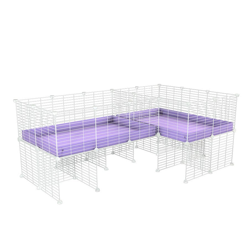 A 6x2 L-shape white C&C cage with divider and stand for guinea pig fighting or quarantine with lilac coroplast from brand kavee