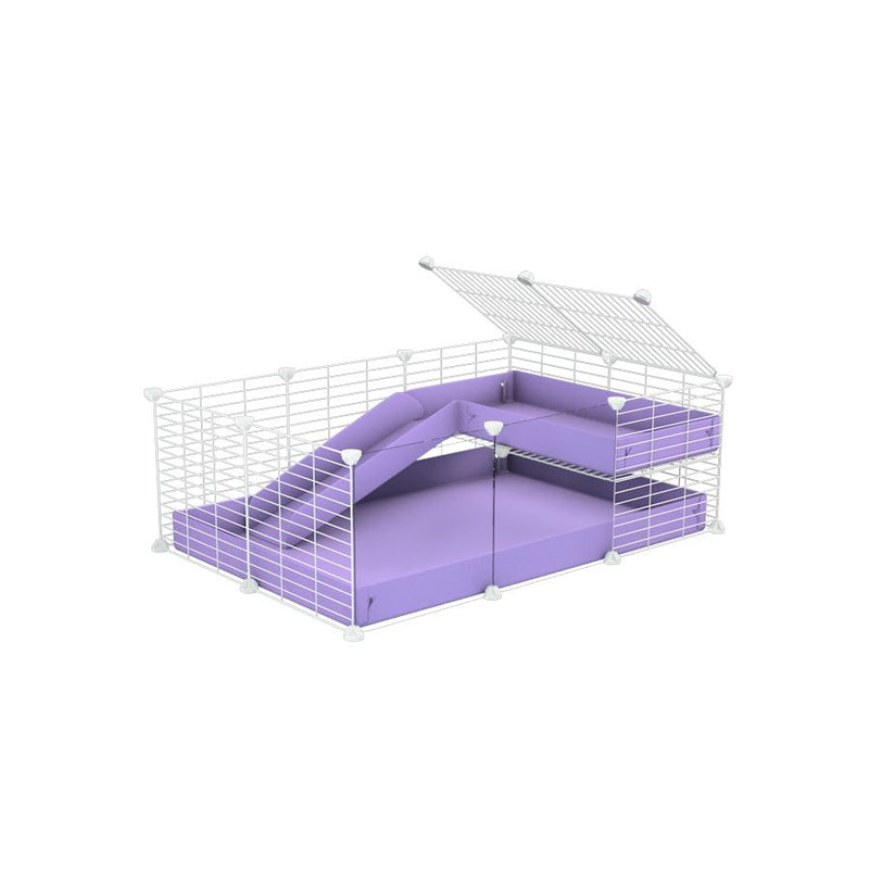 a 3x2 C&C guinea pig cage with clear transparent plexiglass acrylic panels  with a loft and a ramp purple lilac pastel coroplast sheet and baby bars by kavee