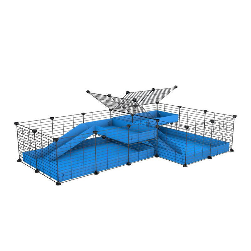 A 6x2 L-shape C&C cage with divider and loft ramp for guinea pig fighting or quarantine with blue coroplast from brand kavee