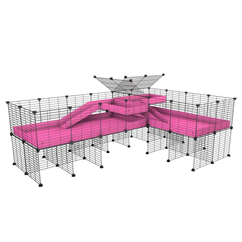 A 8x2 L-shape C&C cage with divider and stand loft ramp for guinea pig fighting or quarantine with pink coroplast from brand kavee