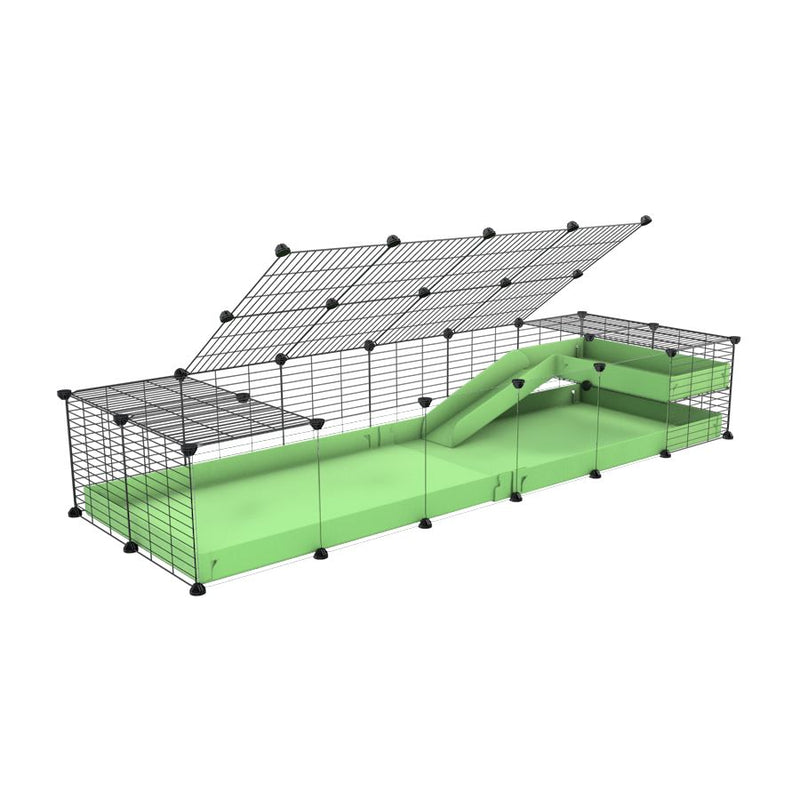 a 2x6 C and C guinea pig cage with clear transparent plexiglass acrylic panels  with loft ramp lid small hole size grids green pastel pistachio coroplast kavee
