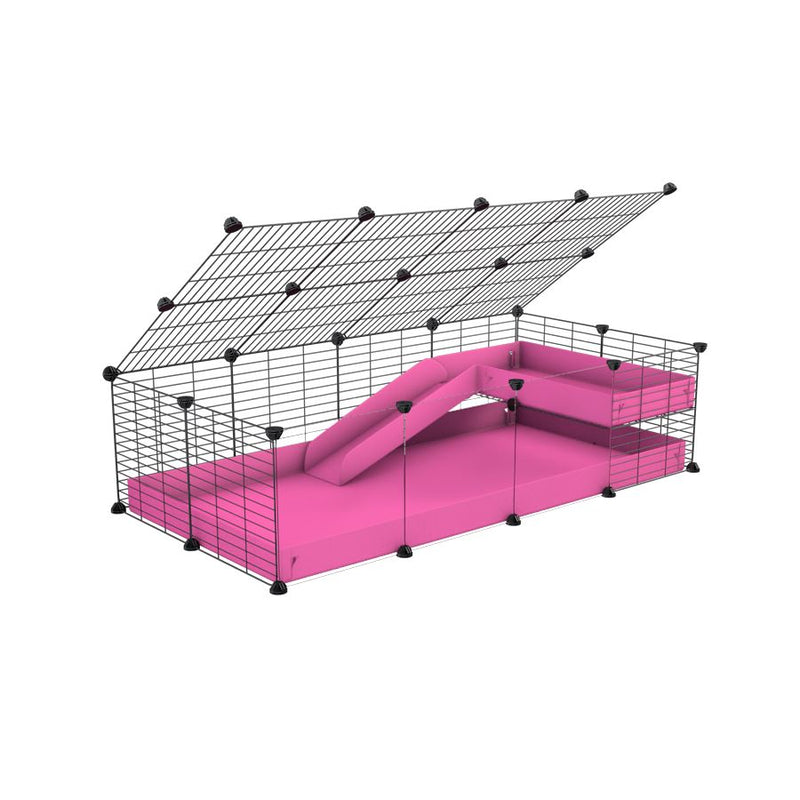 a 2x4 C and C guinea pig cage with clear transparent plexiglass acrylic panels  with loft ramp lid small hole size grids pink coroplast kavee
