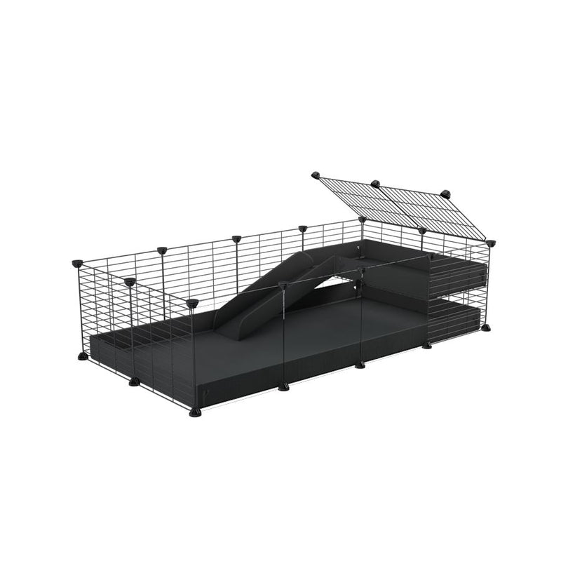 a 4x2 C&C guinea pig cage with clear transparent plexiglass acrylic panels  with a loft and a ramp black coroplast sheet and baby bars by kavee