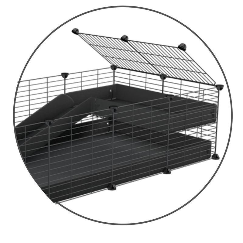 A kit to add a ramp to a C and C cage with a black coroplast ramp and 1x2 loft and small mesh size safe CC grids