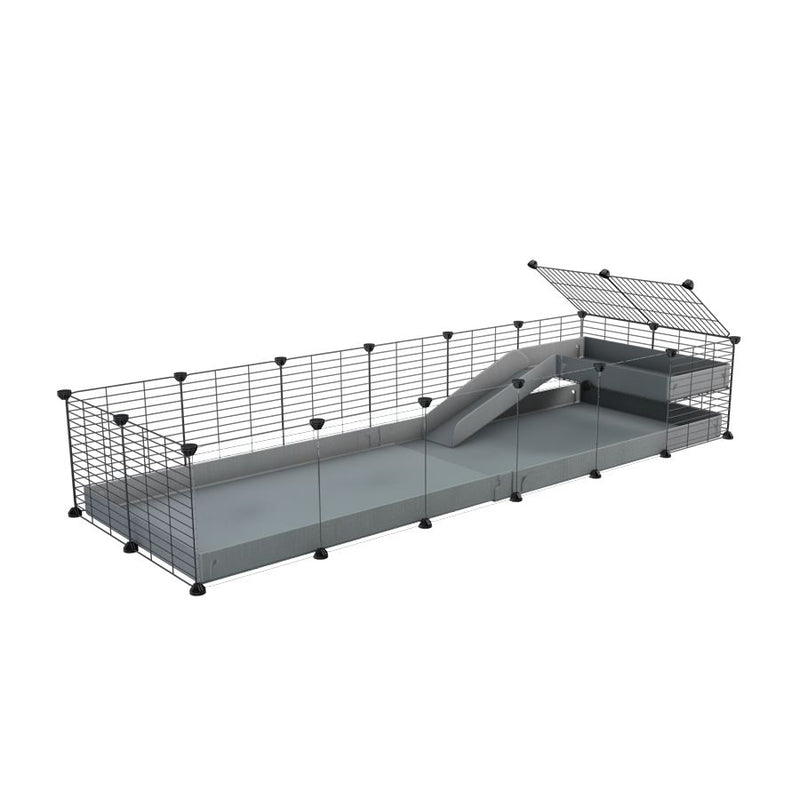 a 6x2 C&C guinea pig cage with clear transparent plexiglass acrylic panels  with a loft and a ramp gray coroplast sheet and baby bars by kavee