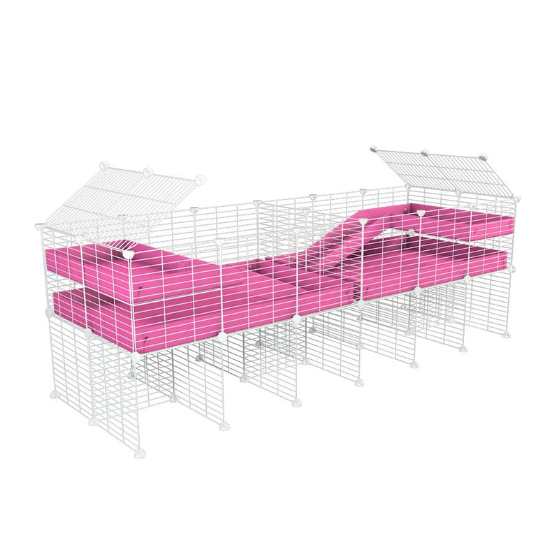 A 6x2 white C&C cage with divider and stand loft ramp for guinea pig fighting or quarantine with pink coroplast from brand kavee