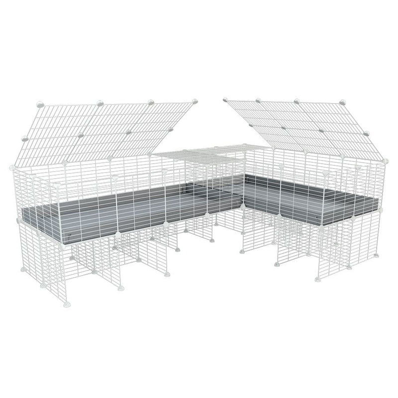 A 8x2 L-shape white C&C cage with lid divider stand for guinea pig fighting or quarantine with gray coroplast from brand kavee