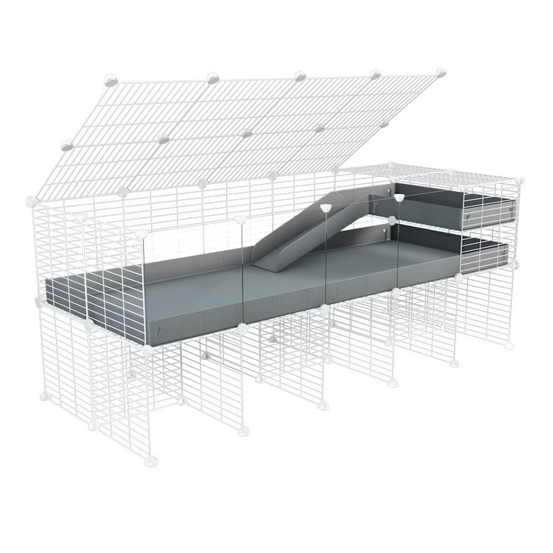 A 2x5 C and C guinea pig cage with clear transparent plexiglass acrylic panels  with stand loft ramp lid small size meshing safe white C&C grids gray correx sold in USA