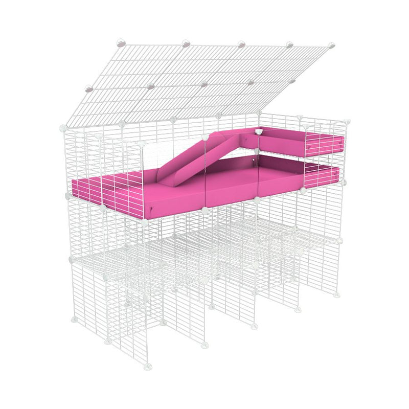 A 4x2 kavee pink C&C guinea pig cage with clear transparent plexiglass acrylic panels  with a lid three levels a loft a ramp made of small size hole safe white grids