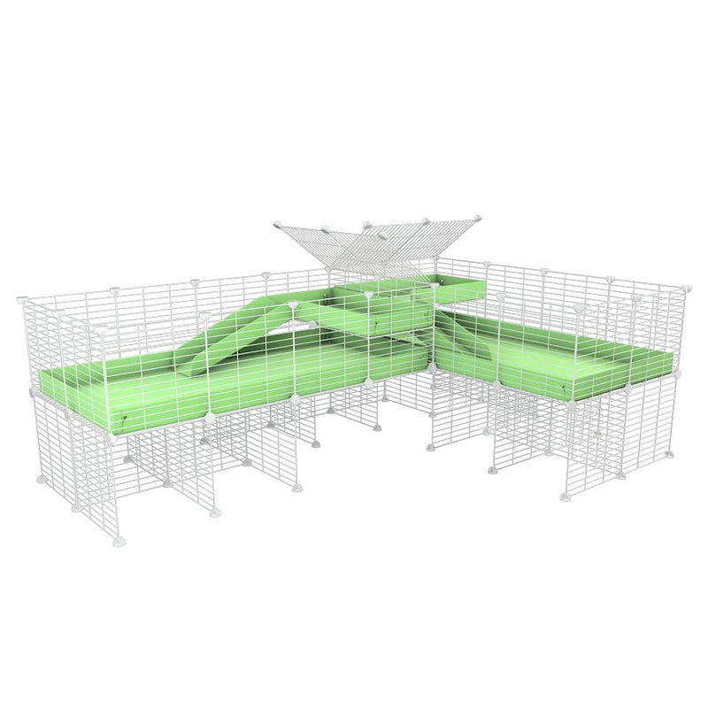 A 8x2 L-shape white C&C cage with divider and stand loft ramp for guinea pig fighting or quarantine with green correx from brand kavee