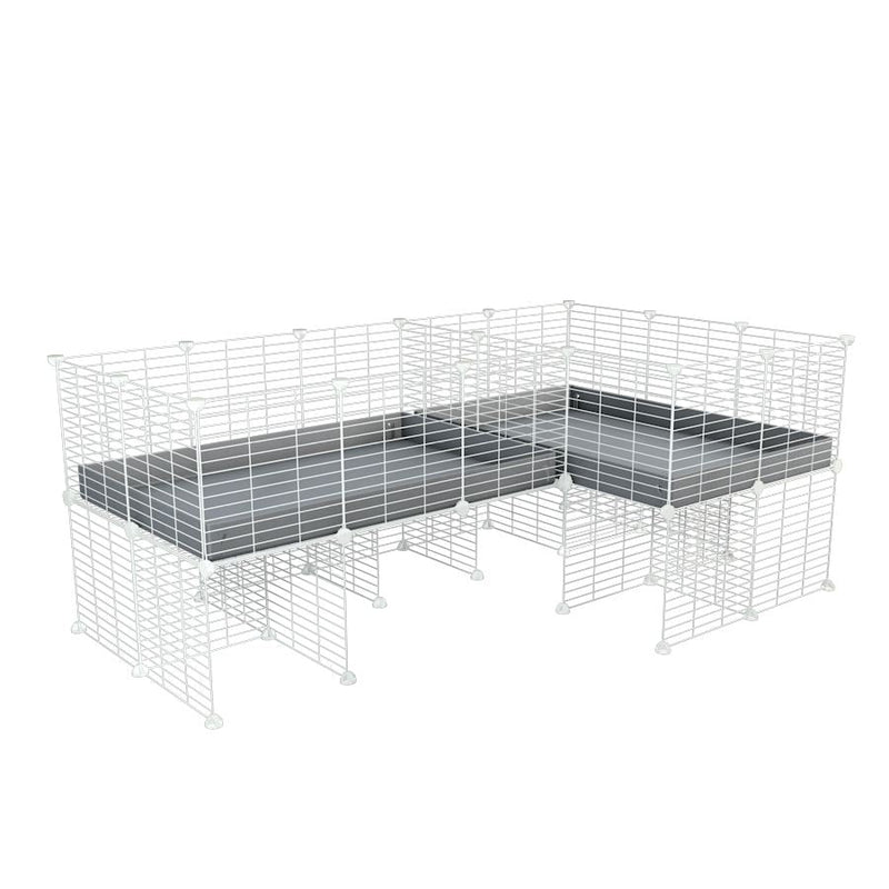 A 6x2 L-shape white C&C cage with divider and stand for guinea pig fighting or quarantine with gray coroplast from brand kavee
