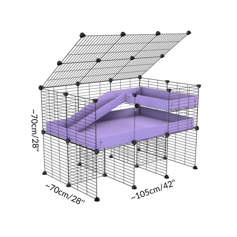 Size of a 3x2 CC guinea pig cage with clear transparent plexiglass acrylic panels  with stand loft ramp small mesh grids purple lilac pastel corroplast by brand kavee
