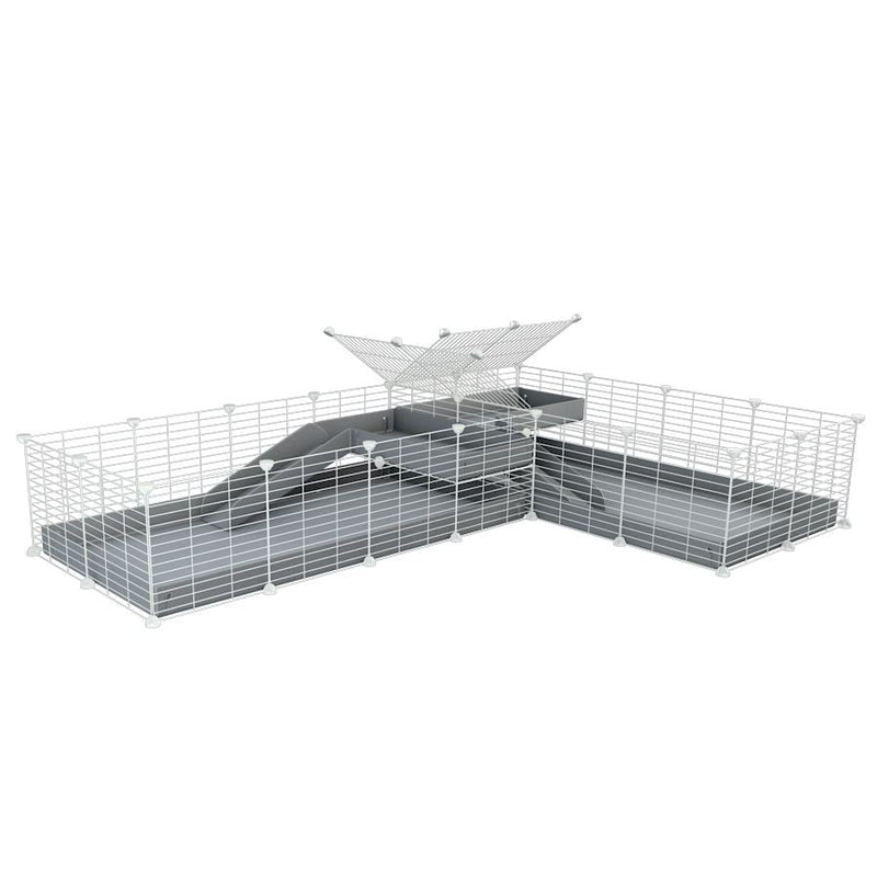 A 8x2 L-shape white C&C cage with divider and loft ramp for guinea pig fighting or quarantine with gray coroplast from brand kavee