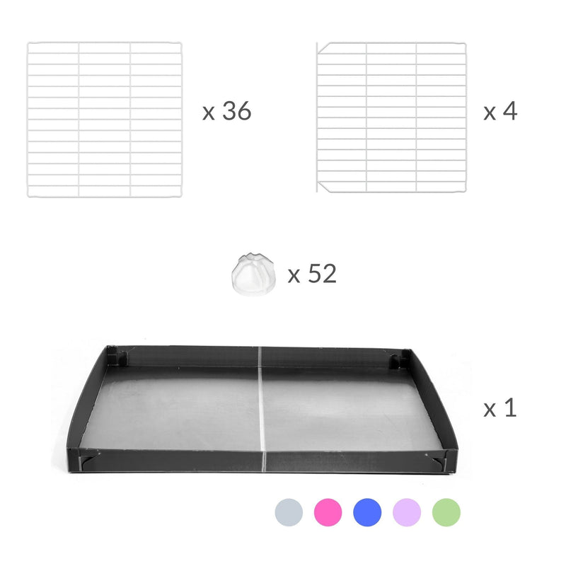 Components of a 4x2 C&C cage for guinea pigs with a stand and a top gray plastic safe white C and C grids by kavee