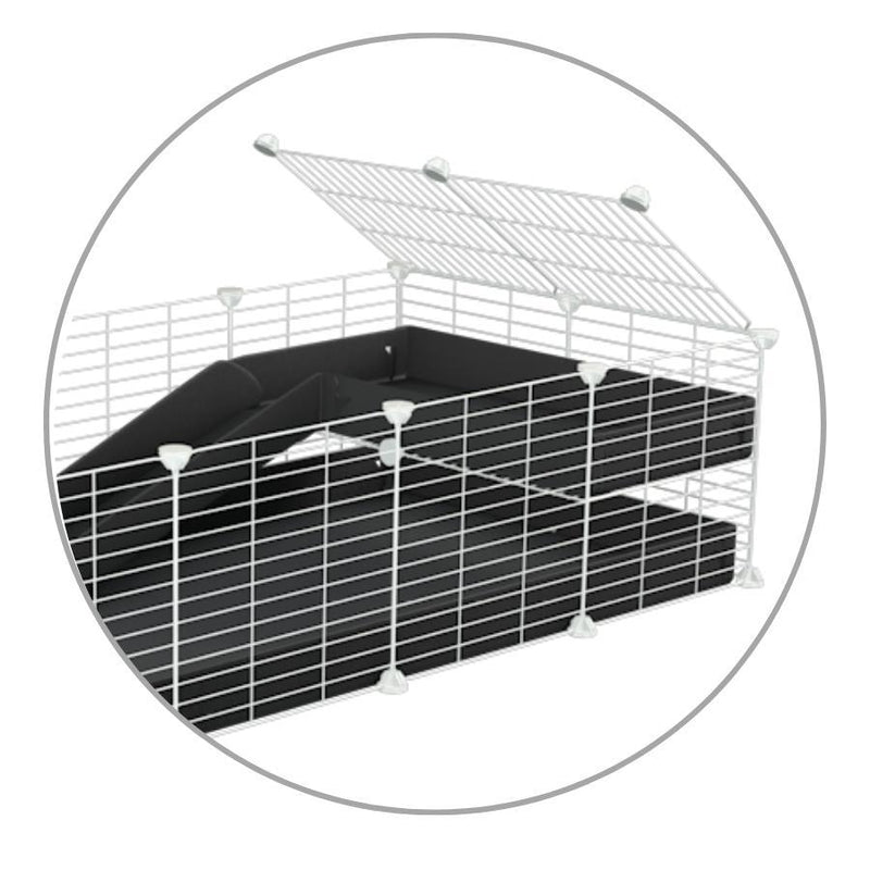 A kit to add a ramp to a C and C cage with a black coroplast ramp and 1x2 loft and small mesh size safe CC white CC grids