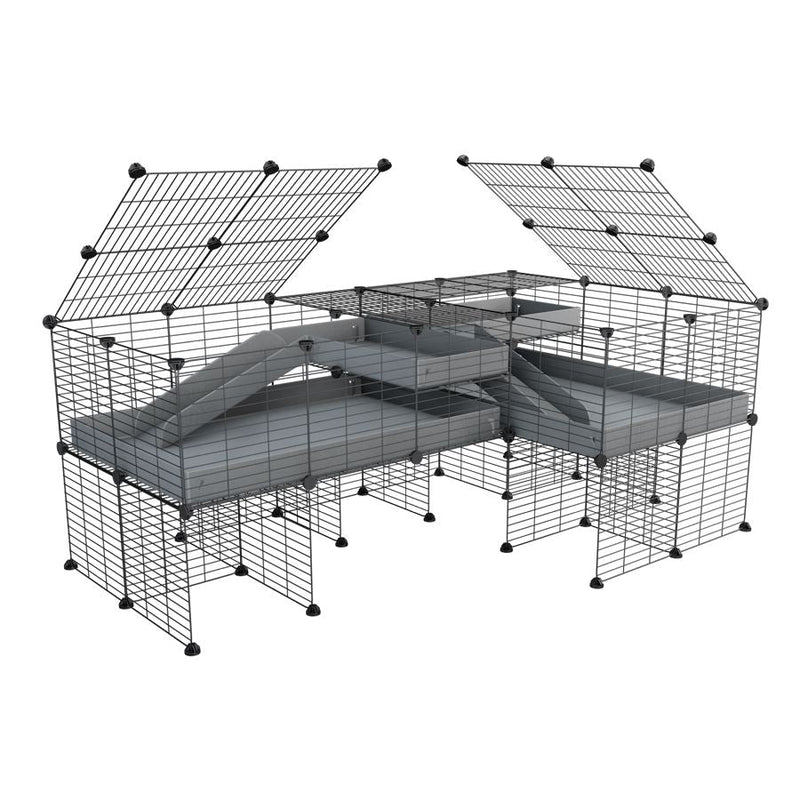 A 6x2 L-shape C&C cage with lid divider stand loft ramp for guinea pig fighting or quarantine with gray coroplast from brand kavee