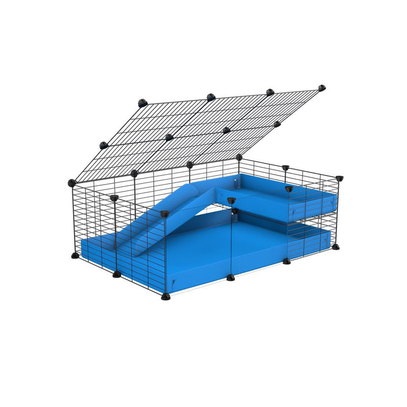 a 2x3 C and C guinea pig cage with clear transparent plexiglass acrylic panels  with loft ramp lid small hole size grids blue coroplast kavee